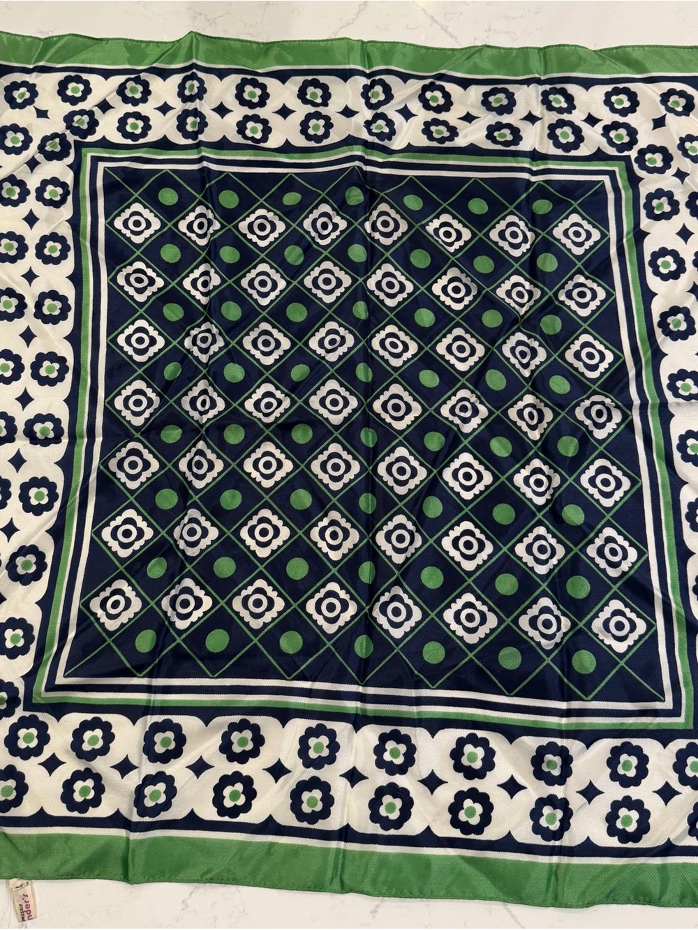 Vintage 100% silk made in Italy Green & Navy print Scarf